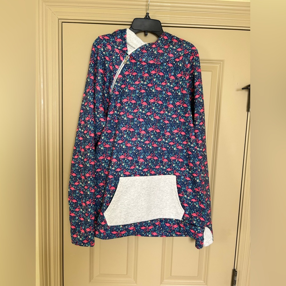 Flamingo Print Hoodie with Kangaroo Pocket